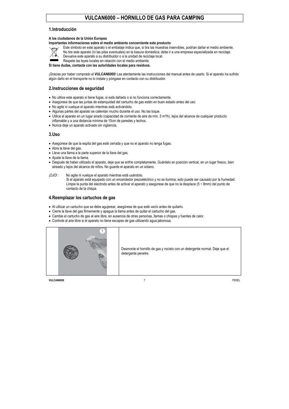 Vulcan6000 – hornillo de gas para camping, Introducción, Instrucciones de seguridad | Reemplazar los cartuchos de gas | Velleman VULCAN6000 User Manual | Page 9 / 12