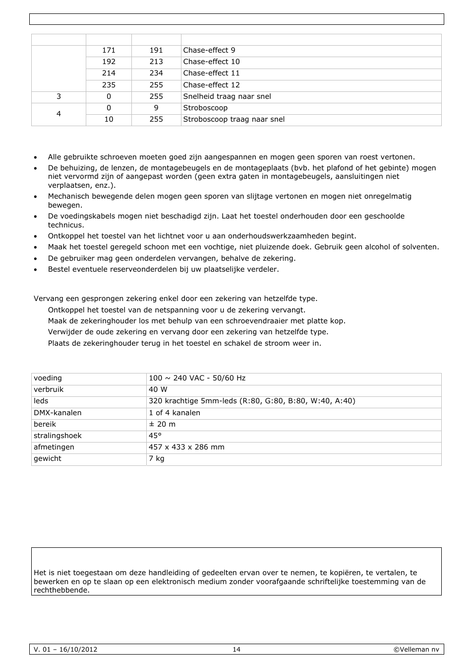 Reiniging en onderhoud, Technische specificaties | Velleman VDPL300CD User Manual | Page 14 / 35