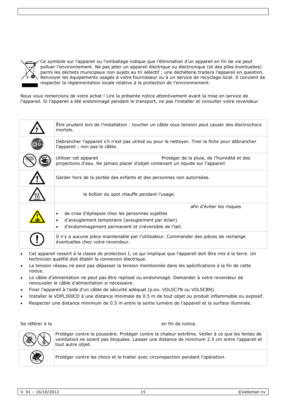 Mode d'emploi, Mode, E d’em | Mploi, Intro, Cons, Direc, Oduction, Signes de, Ctives gé | Velleman VDPL300CD User Manual | Page 15 / 35