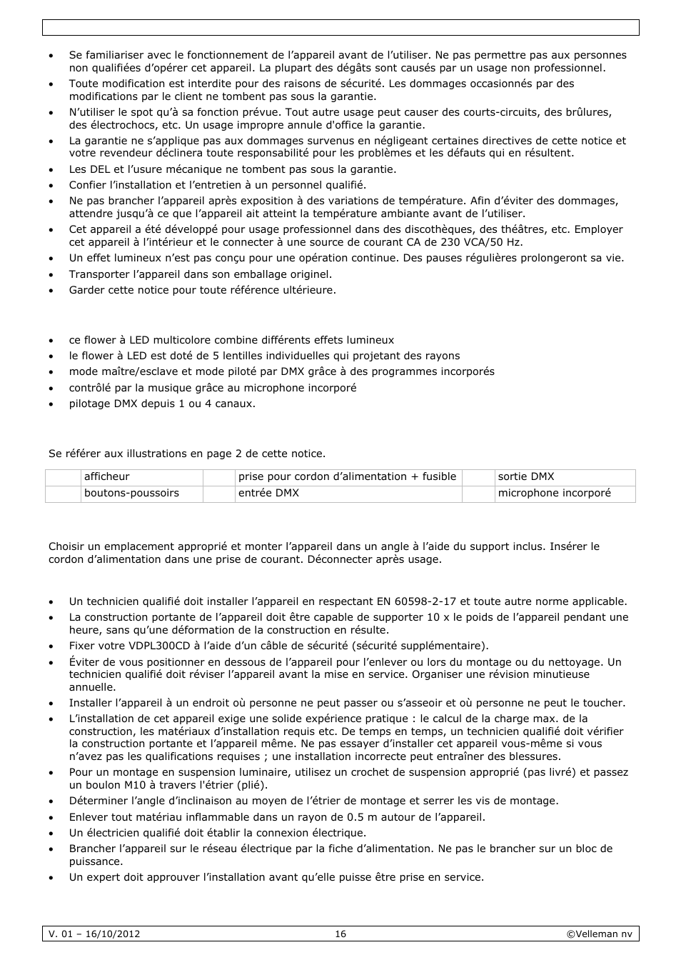 Caractéristiques, Description, Installation | Velleman VDPL300CD User Manual | Page 16 / 35