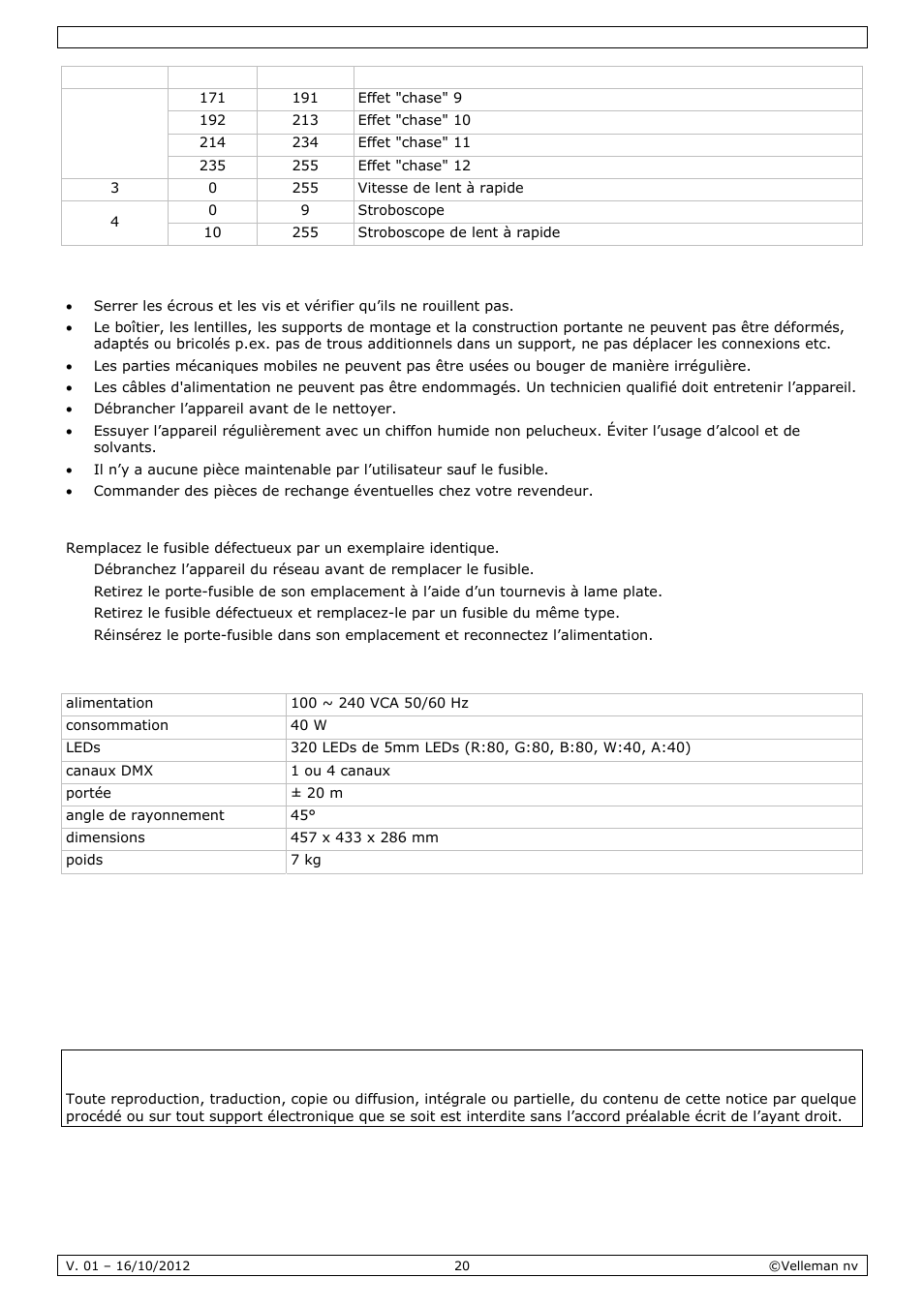 Nettoyage et entretien, Spécifications techniques | Velleman VDPL300CD User Manual | Page 20 / 35