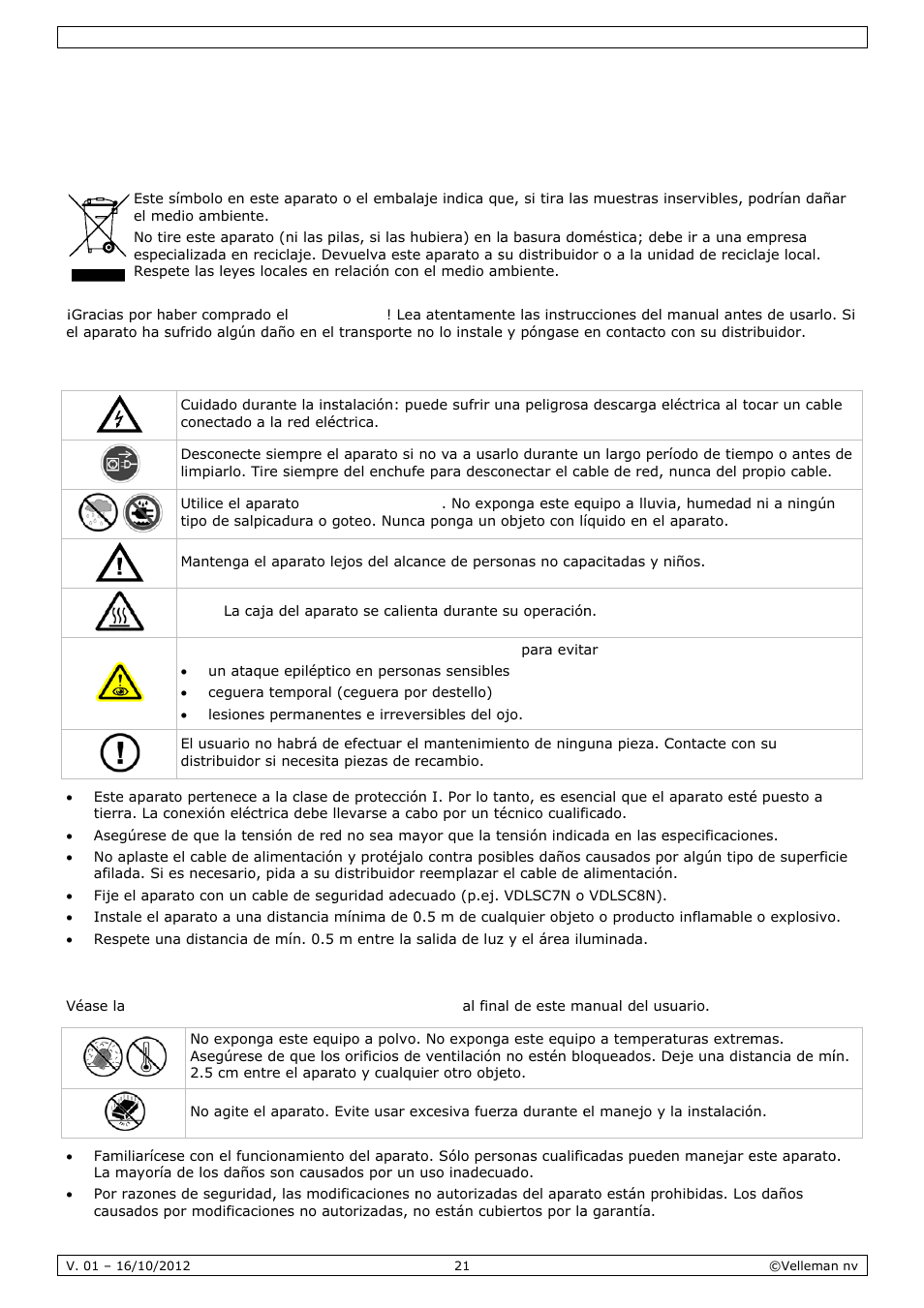 Manual del usuario, Anual, L del u | Usuar, Intro, Instr, Norm, Oducción, Ruccione, Mas gene | Velleman VDPL300CD User Manual | Page 21 / 35