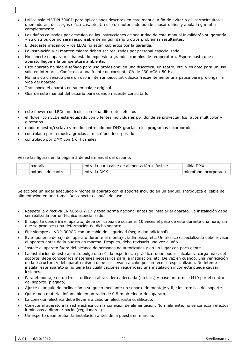 Características, Descripción, Instalación | Velleman VDPL300CD User Manual | Page 22 / 35