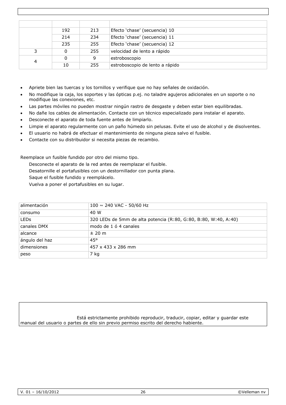 Limpieza y mantenimiento, Especificaciones | Velleman VDPL300CD User Manual | Page 26 / 35