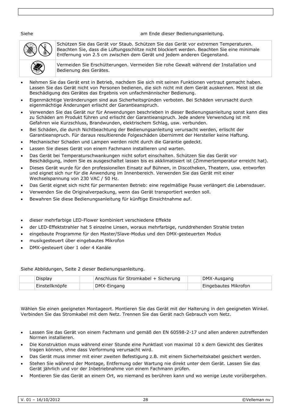 Allgemeine richtlinien, Eigenschaften, Umschreibung | Installation | Velleman VDPL300CD User Manual | Page 28 / 35