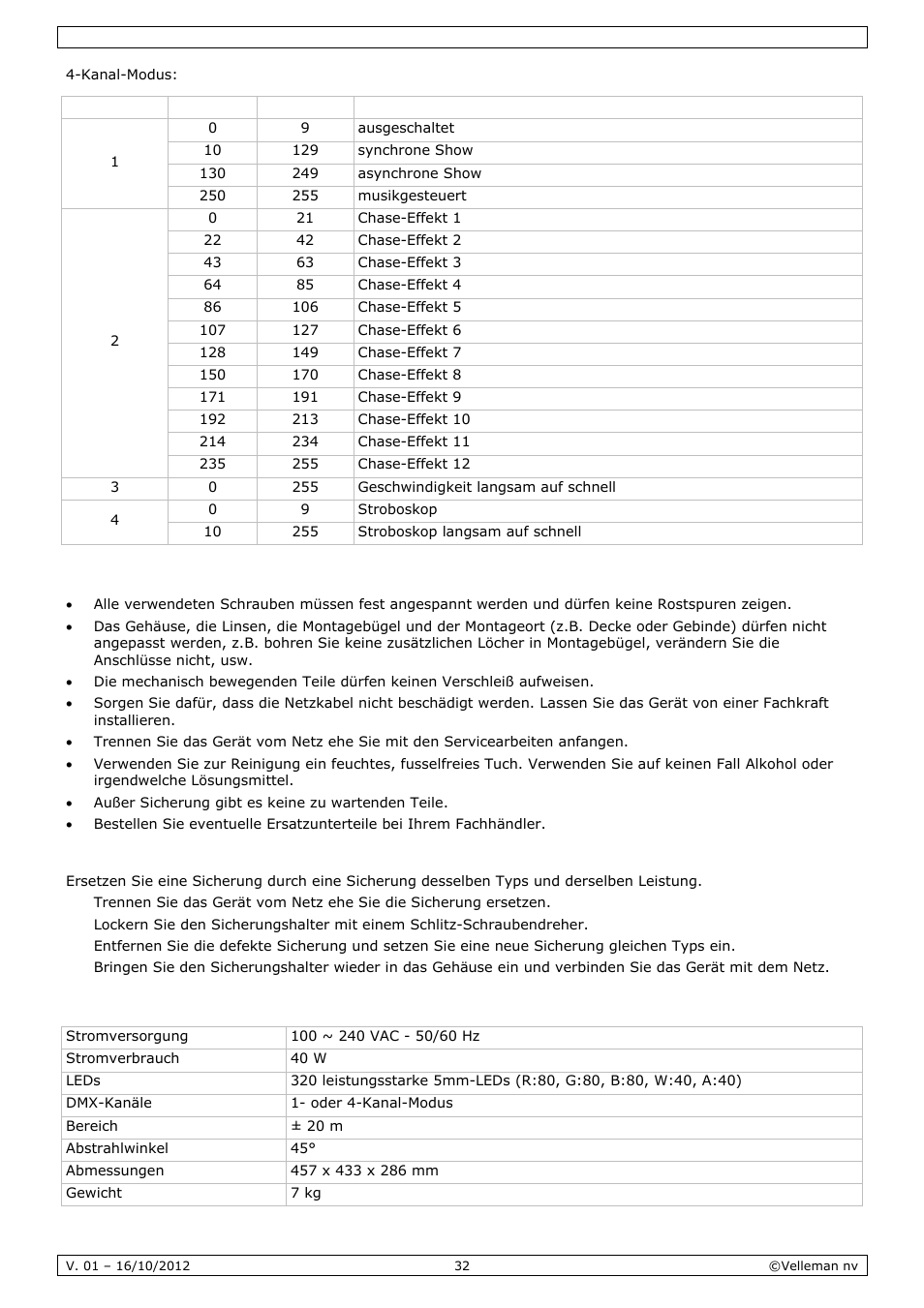 Reinigung und wartung, Technische daten | Velleman VDPL300CD User Manual | Page 32 / 35