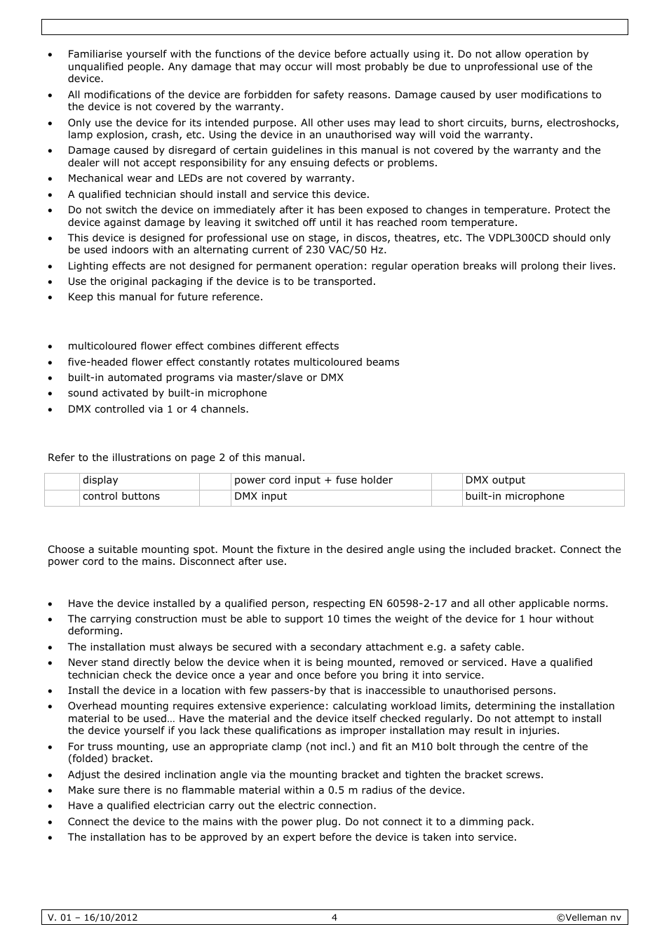 Features, Overview, Installation | Velleman VDPL300CD User Manual | Page 4 / 35