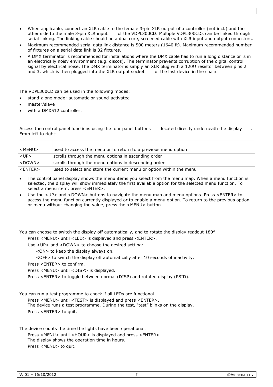 Operation | Velleman VDPL300CD User Manual | Page 5 / 35