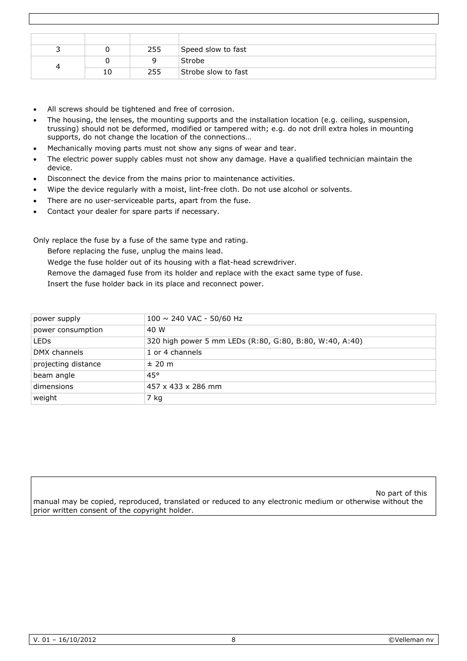 Cleaning and maintenance, Technical specifications | Velleman VDPL300CD User Manual | Page 8 / 35