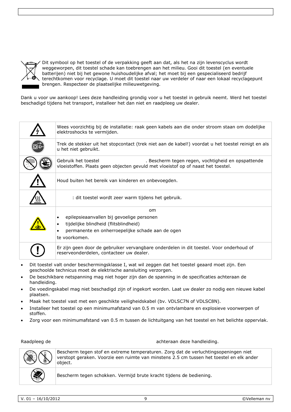 Gebruikershandleiding, Gebr, Ruiker | Rshan, Ndleid, Inlei, Veilig, Algem, Ding, Gheidsin | Velleman VDPL300CD User Manual | Page 9 / 35