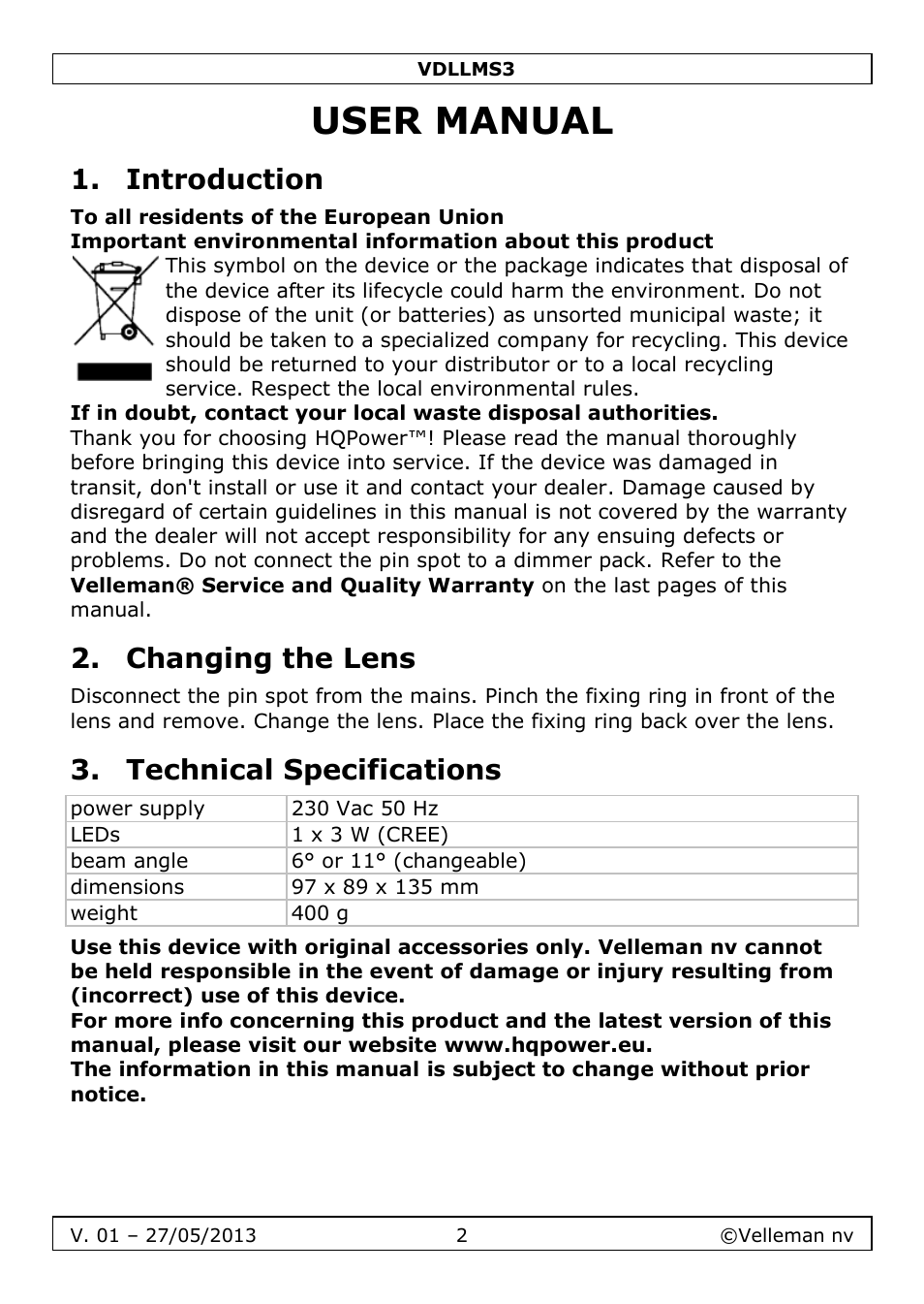 User manual, Introduction, Changing the lens | Technical specifications | Velleman VDLLMS3 User Manual | Page 2 / 10