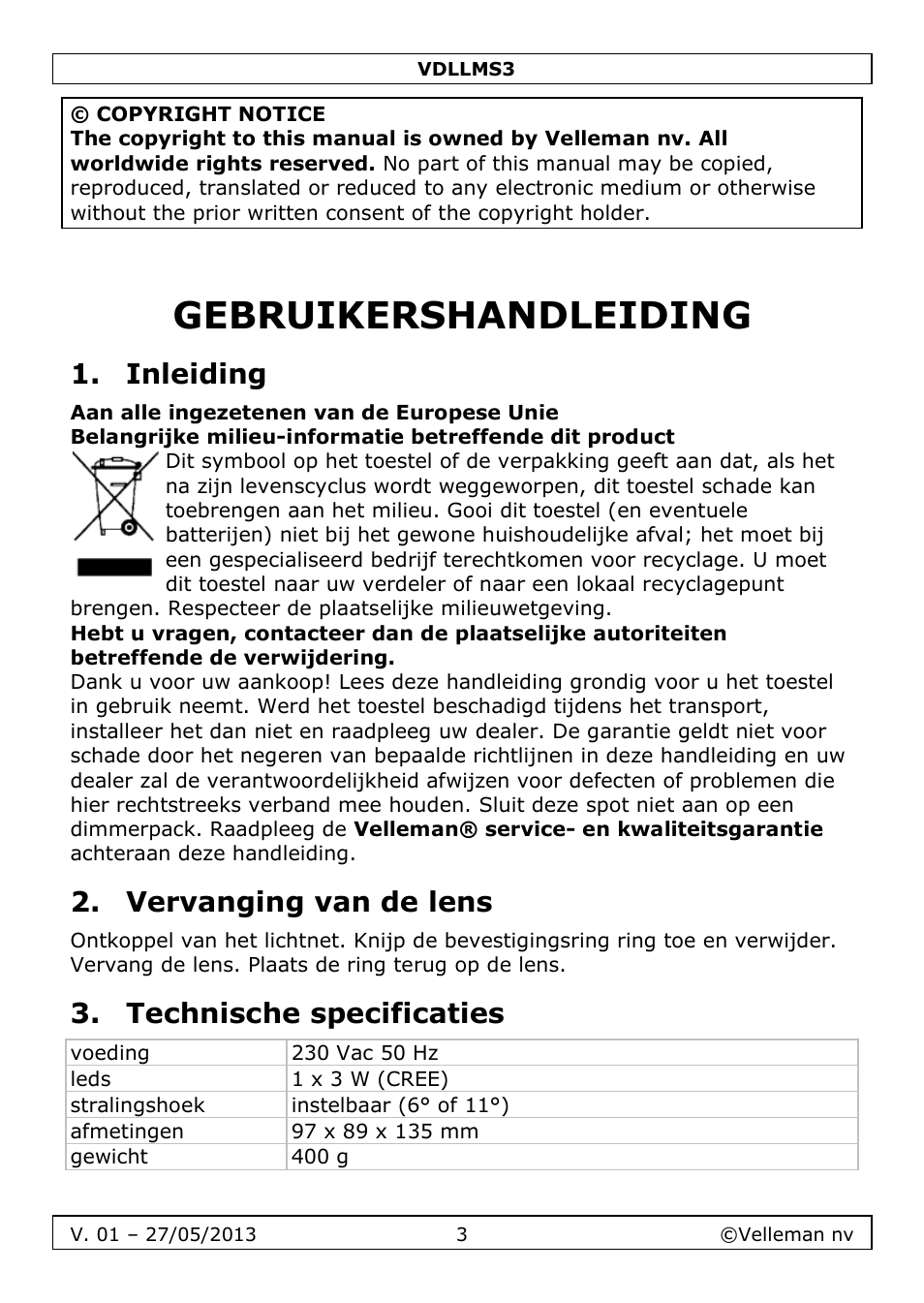 Gebruikershandleiding, Inleiding, Vervanging van de lens | Technische specificaties | Velleman VDLLMS3 User Manual | Page 3 / 10