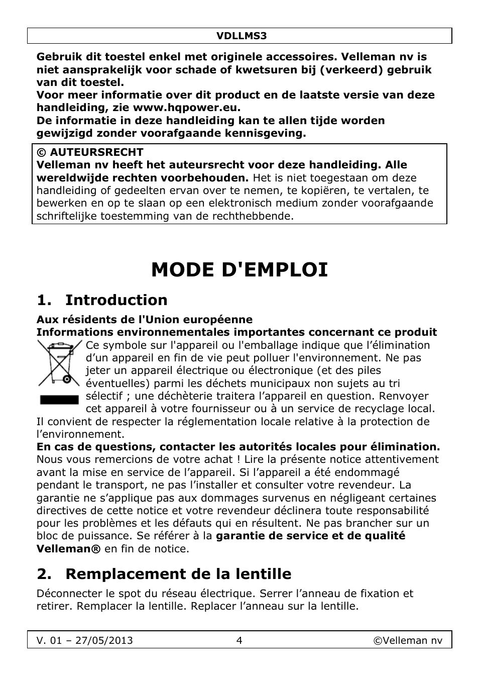 Mode d'emploi, Introduction, Remplacement de la lentille | Velleman VDLLMS3 User Manual | Page 4 / 10