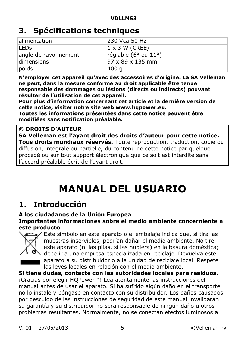 Spécifications techniques, Manual del usuario, Introducción | Velleman VDLLMS3 User Manual | Page 5 / 10