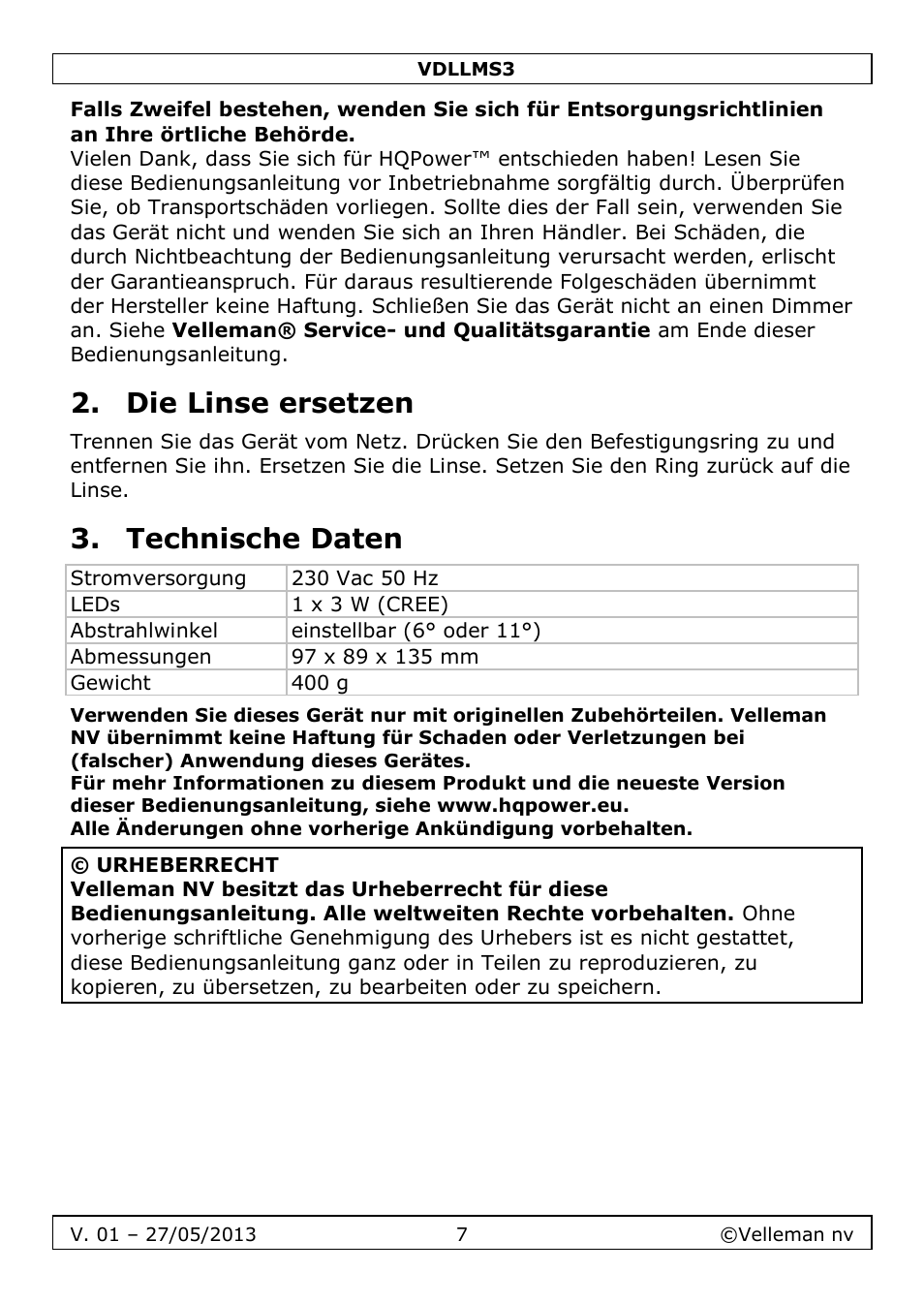 Die linse ersetzen, Technische daten | Velleman VDLLMS3 User Manual | Page 7 / 10