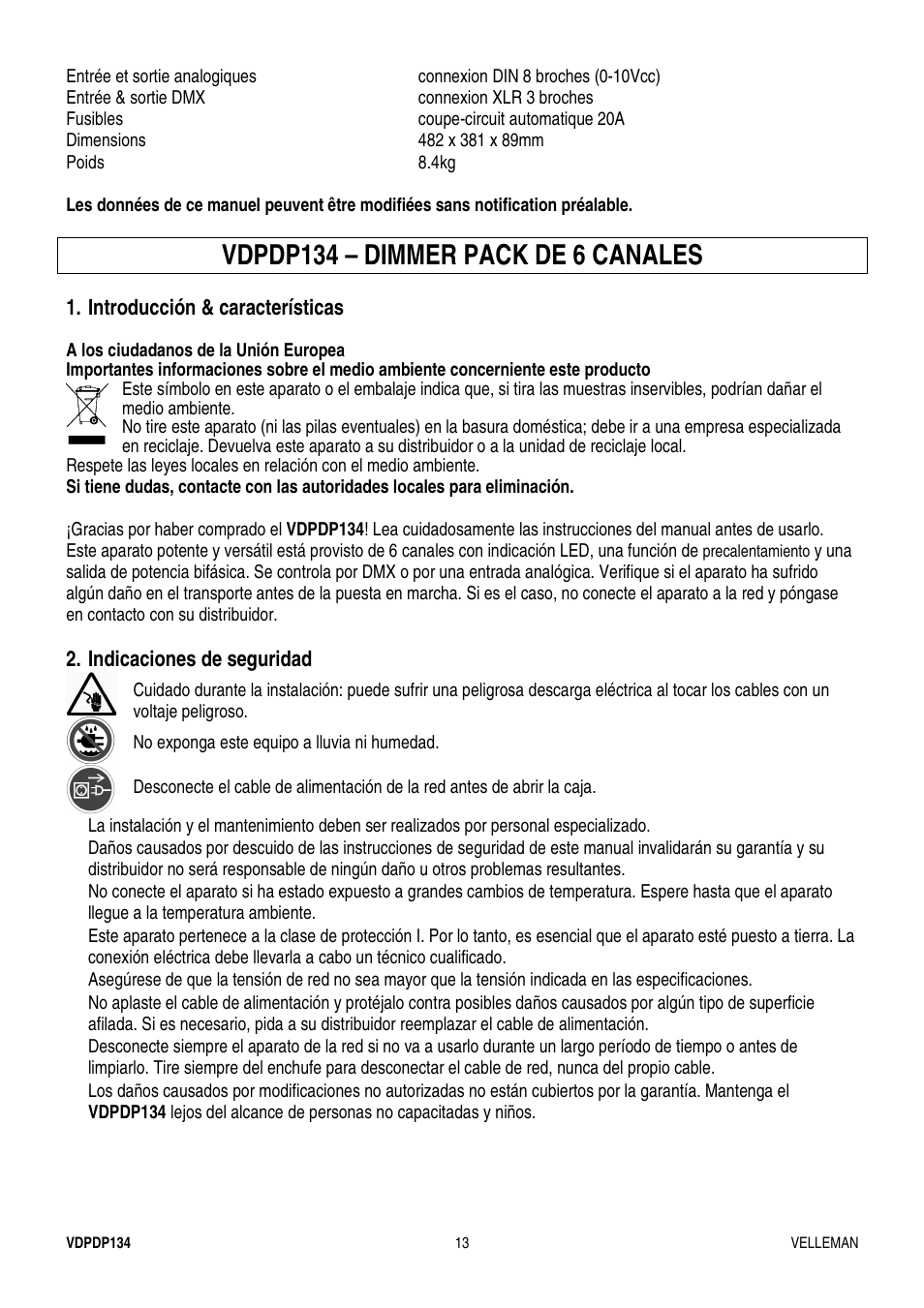 Vdpdp134 – dimmer pack de 6 canales | Velleman VDPDP134 User Manual | Page 13 / 19