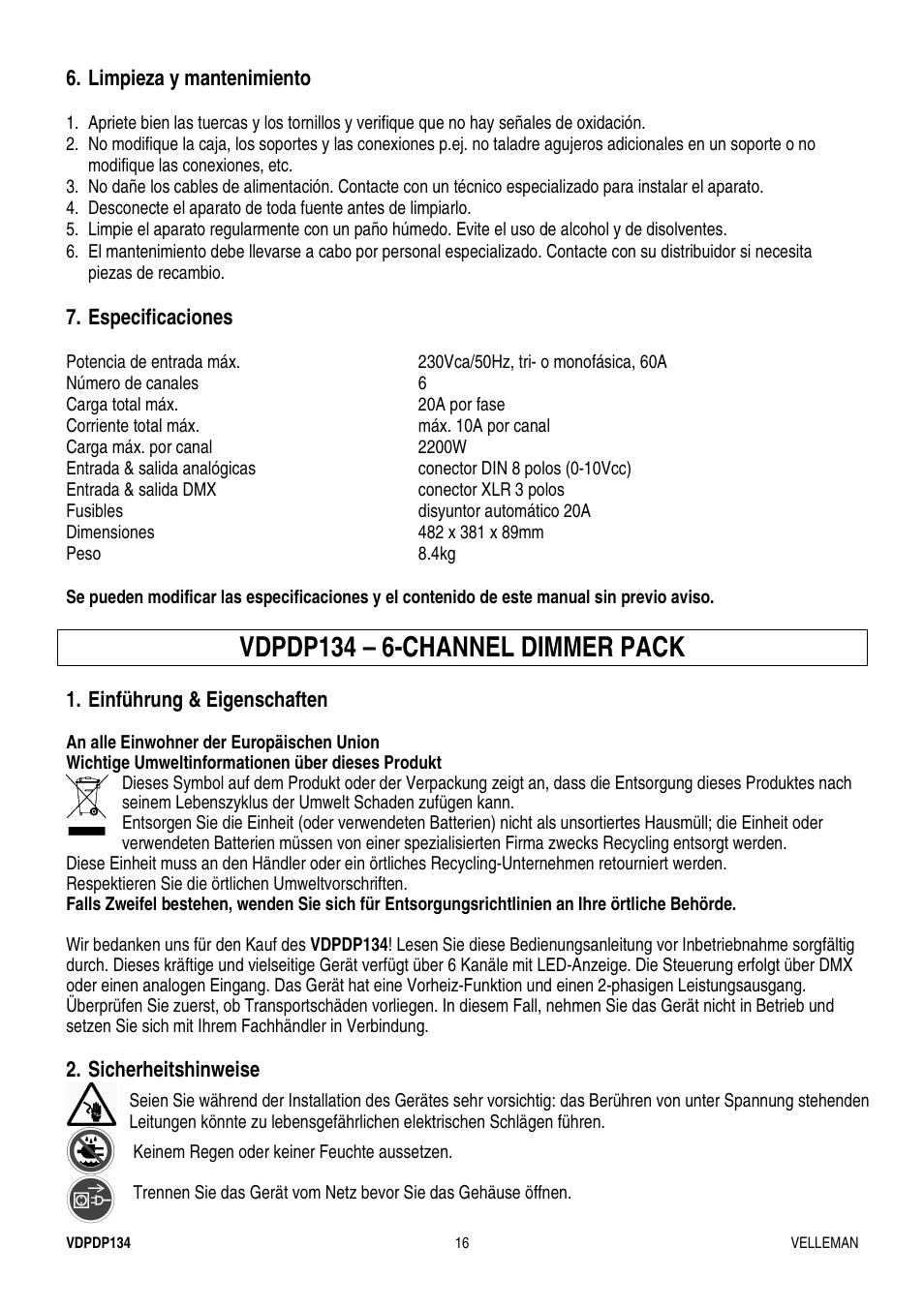 Vdpdp134 – 6-channel dimmer pack | Velleman VDPDP134 User Manual | Page 16 / 19