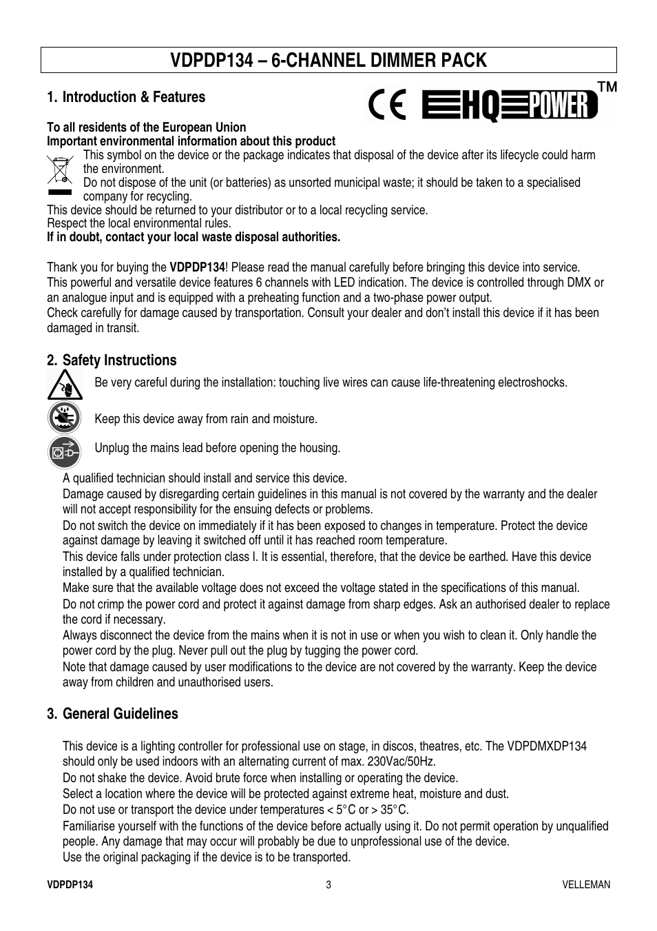 Vdpdp134 – 6-channel dimmer pack | Velleman VDPDP134 User Manual | Page 3 / 19