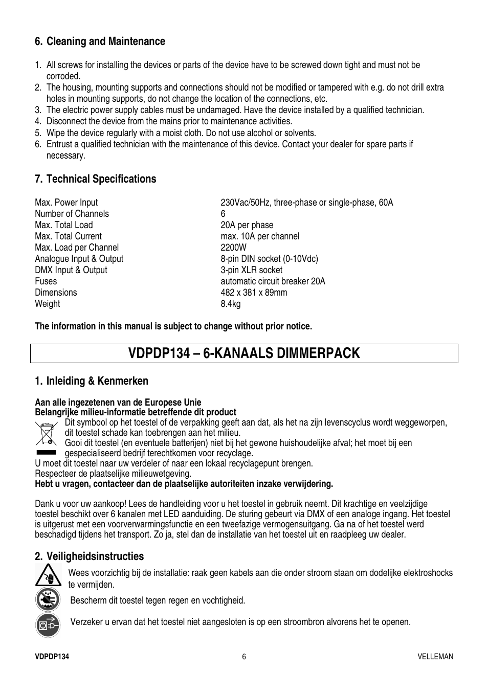 Vdpdp134 – 6-kanaals dimmerpack | Velleman VDPDP134 User Manual | Page 6 / 19