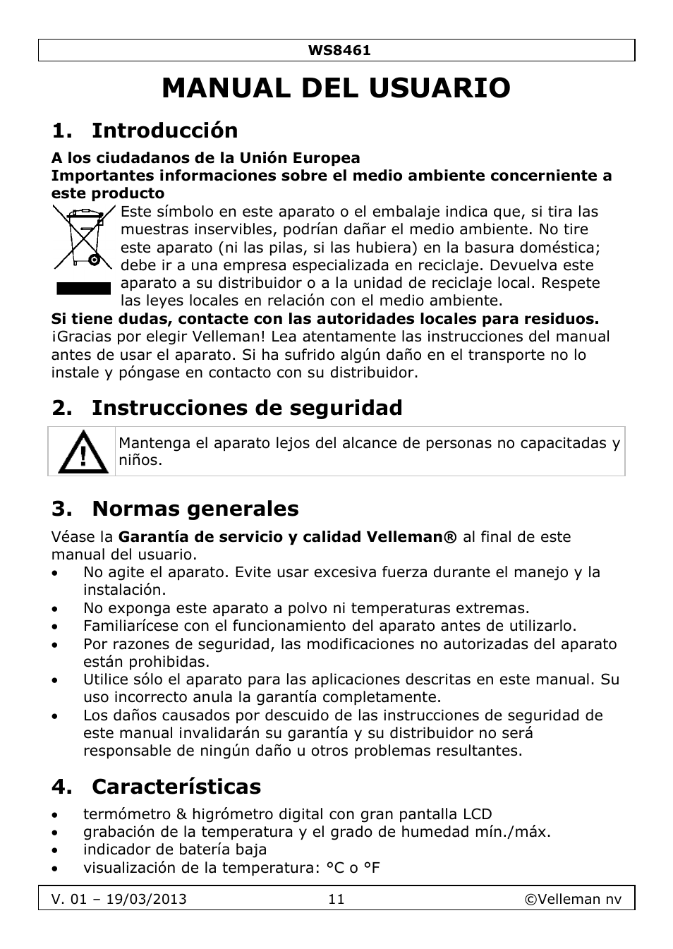 Manual del usuario, Introducción, Instrucciones de seguridad | Normas generales, Características | Velleman WS8461 User Manual | Page 11 / 26