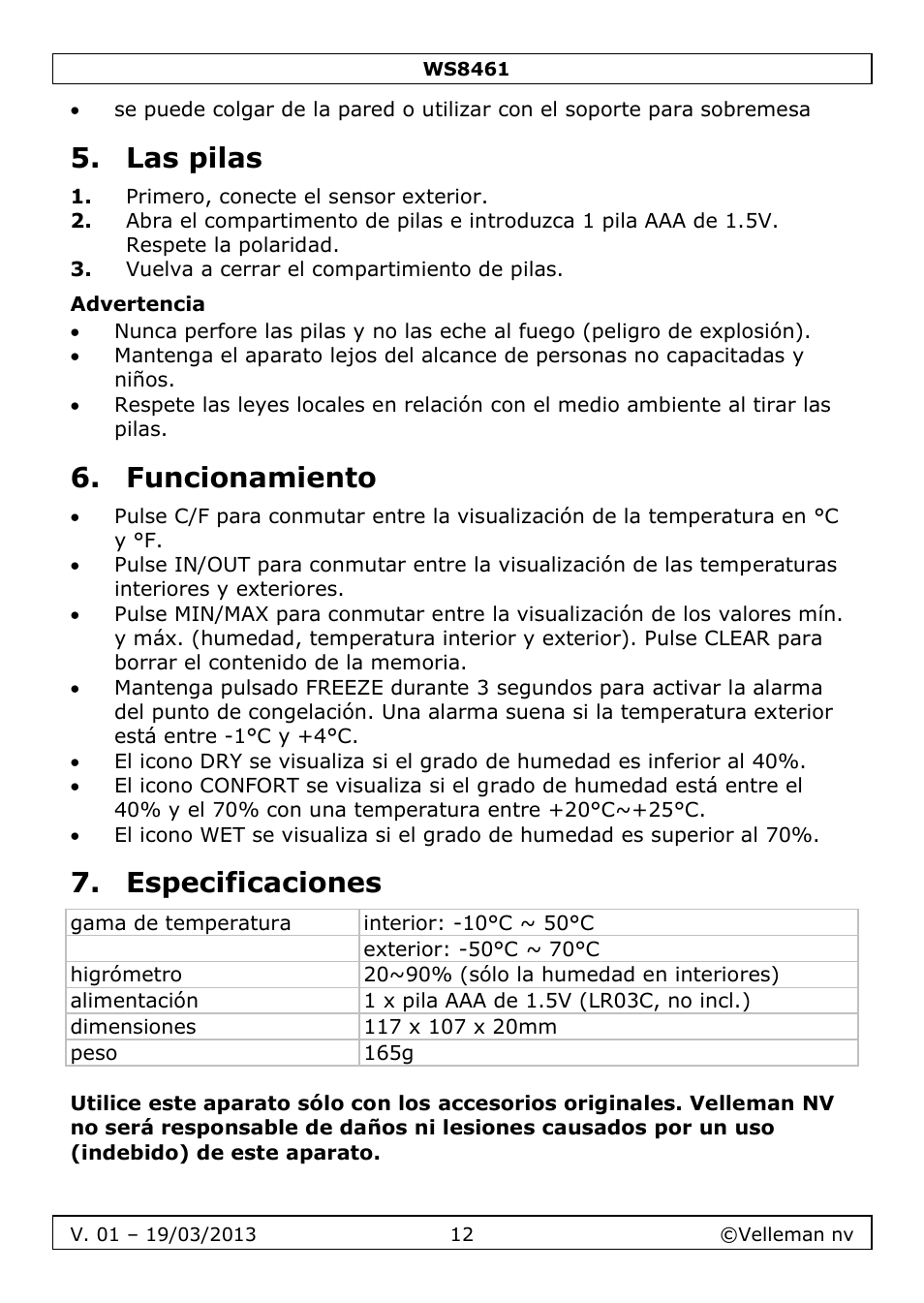 Las pilas, Advertencia, Funcionamiento | Especificaciones | Velleman WS8461 User Manual | Page 12 / 26