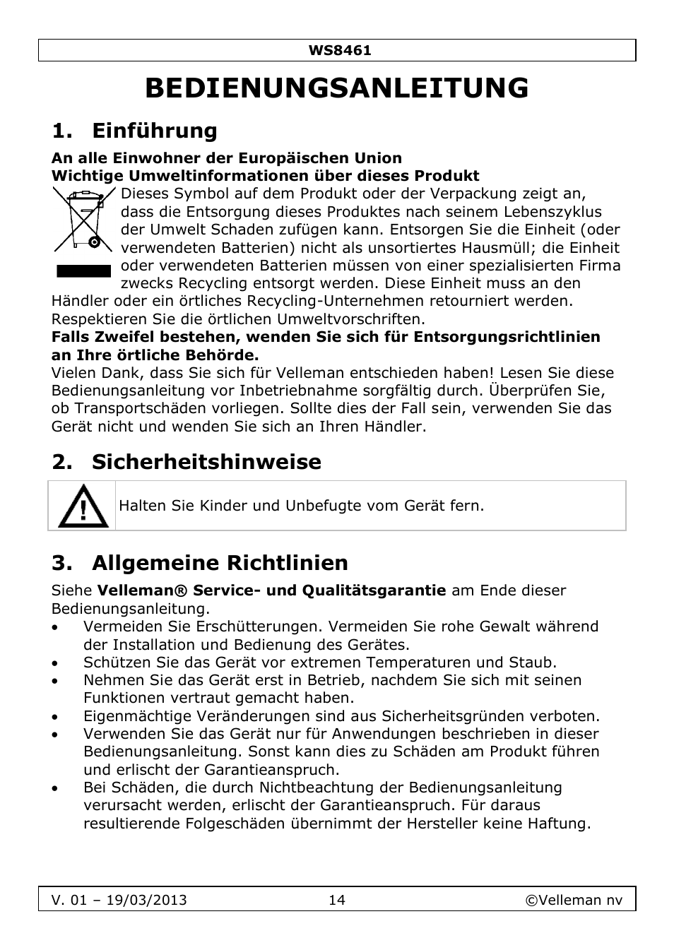 Bedienungsanleitung, Einführung, Sicherheitshinweise | Allgemeine richtlinien | Velleman WS8461 User Manual | Page 14 / 26