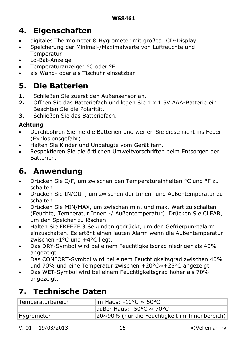 Eigenschaften, Die batterien, Achtung | Anwendung, Technische daten | Velleman WS8461 User Manual | Page 15 / 26