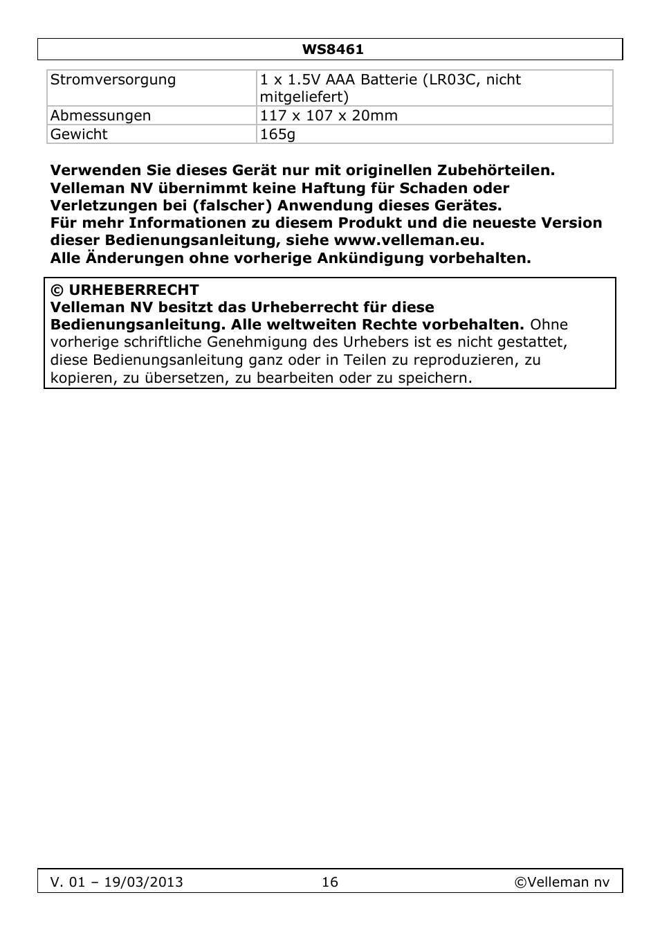 Velleman WS8461 User Manual | Page 16 / 26