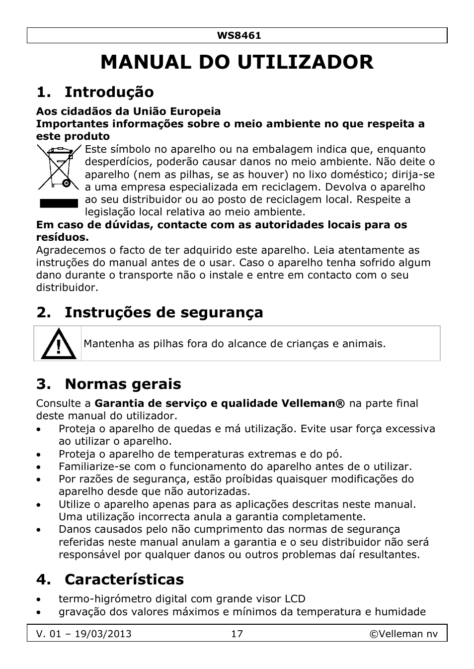 Manual do utilizador, Introdução, Instruções de segurança | Normas gerais, Características | Velleman WS8461 User Manual | Page 17 / 26