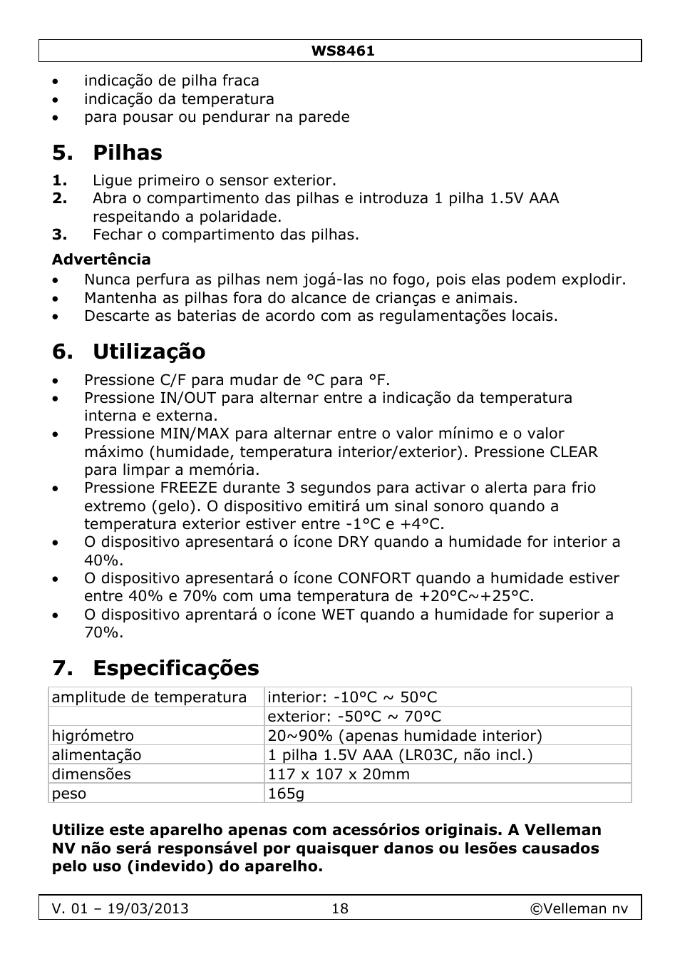 Pilhas, Advertência, Utilização | Especificações | Velleman WS8461 User Manual | Page 18 / 26