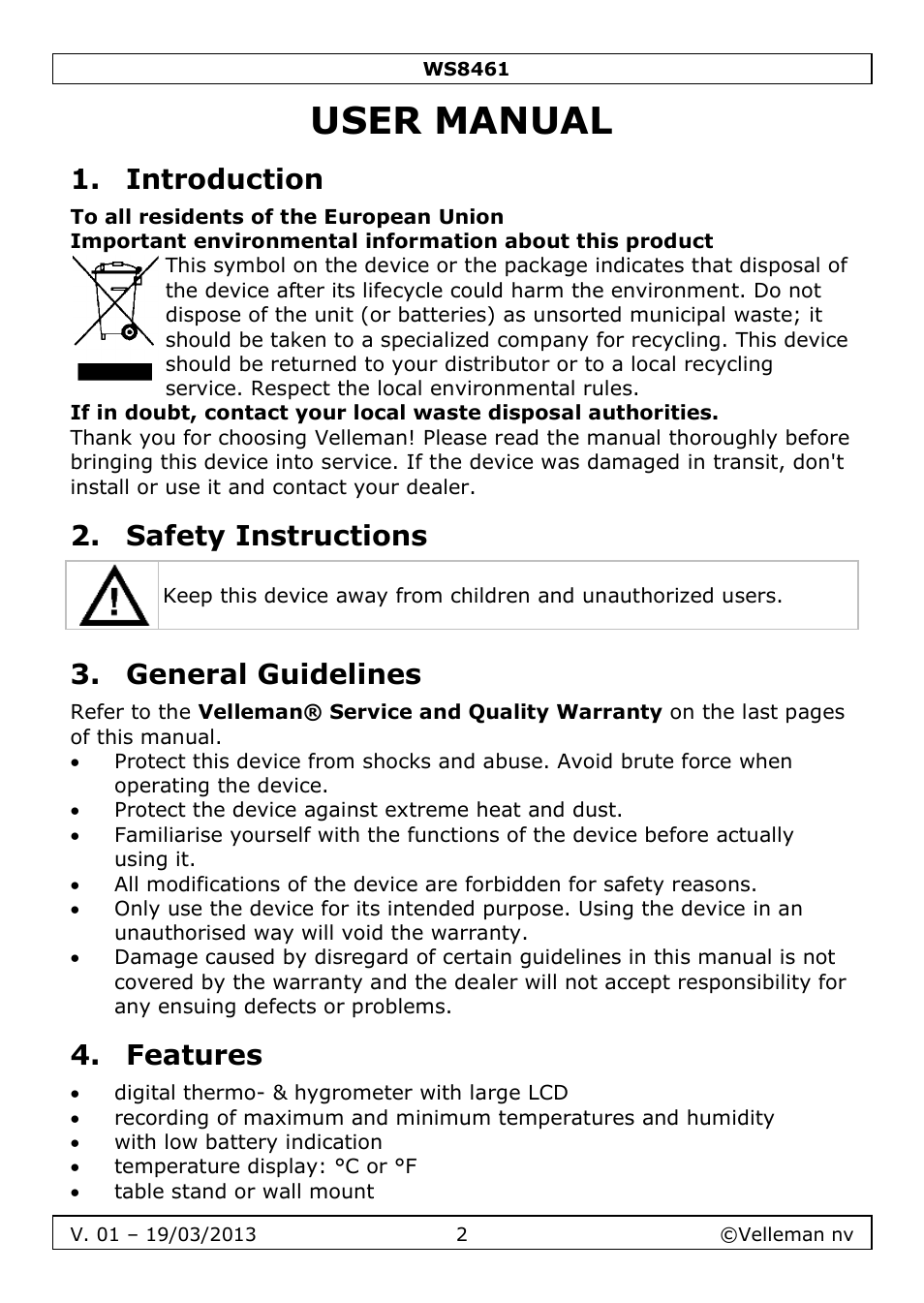 User manual, Introduction, Safety instructions | General guidelines, Features | Velleman WS8461 User Manual | Page 2 / 26