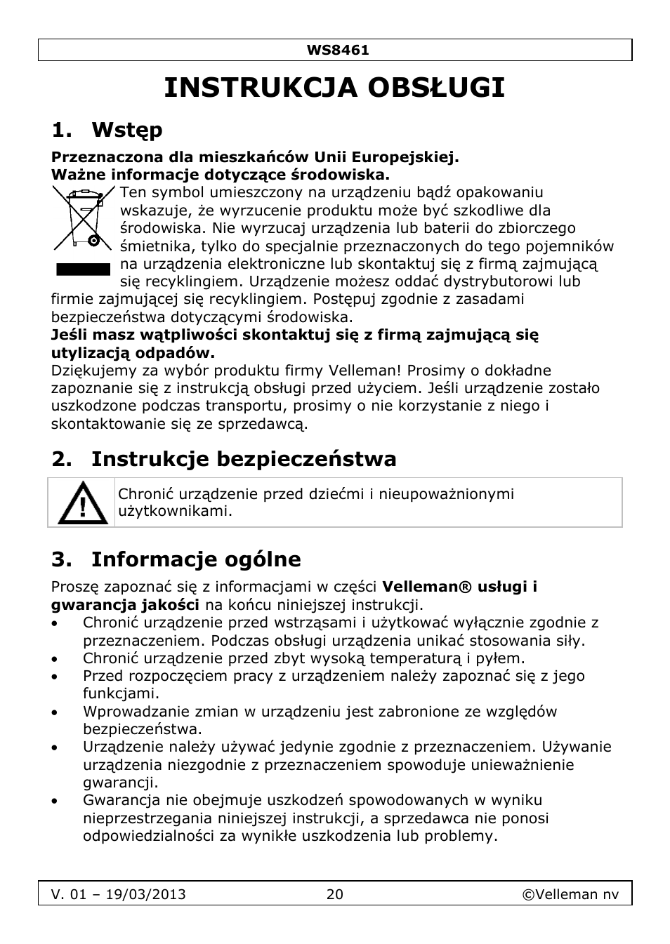 Instrukcja obsługi, Wstęp, Instrukcje bezpieczeństwa | Informacje ogólne | Velleman WS8461 User Manual | Page 20 / 26