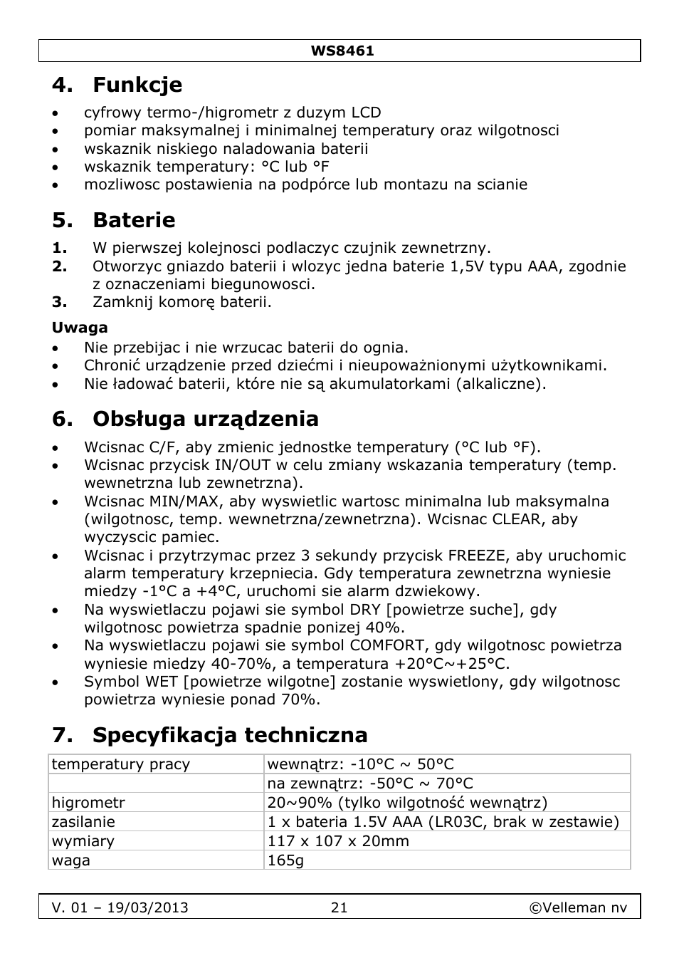 Funkcje, Baterie, Uwaga | Obsługa urządzenia, Specyfikacja techniczna | Velleman WS8461 User Manual | Page 21 / 26