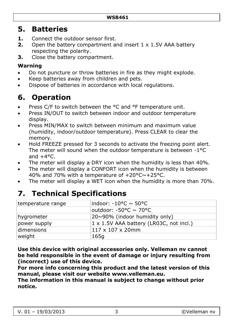 Batteries, Warning, Operation | Technical specifications | Velleman WS8461 User Manual | Page 3 / 26