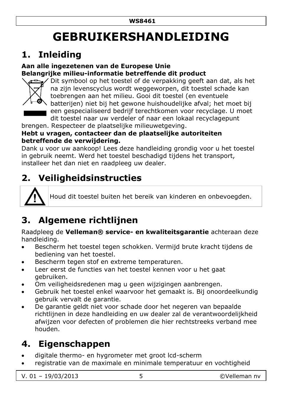 Gebruikershandleiding, Inleiding, Veiligheidsinstructies | Algemene richtlijnen, Eigenschappen | Velleman WS8461 User Manual | Page 5 / 26