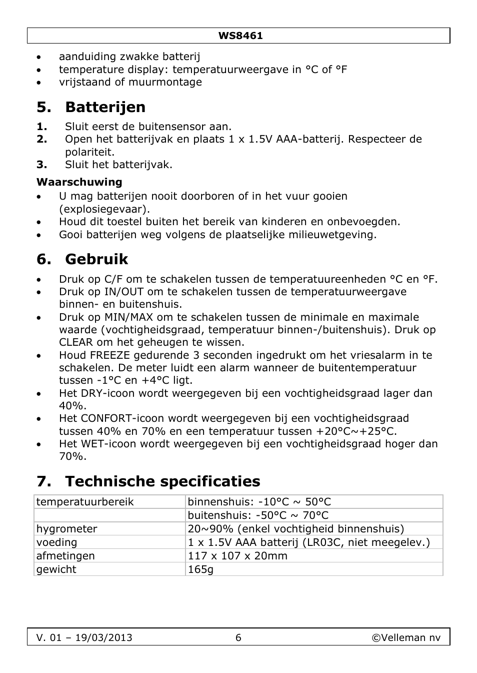 Batterijen, Waarschuwing, Gebruik | Technische specificaties | Velleman WS8461 User Manual | Page 6 / 26