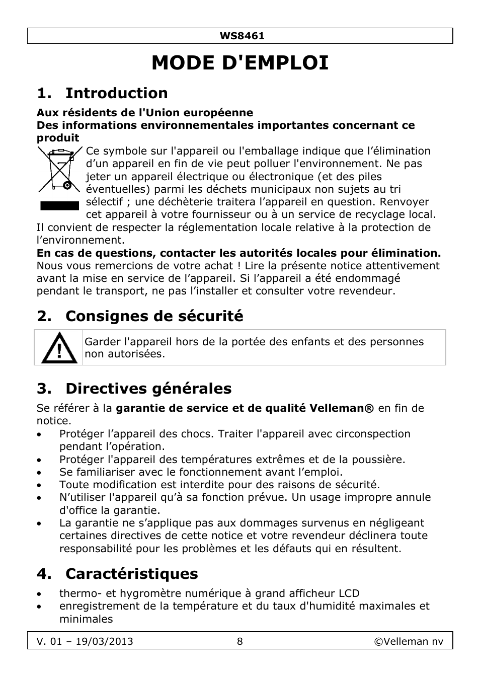 Mode d'emploi, Introduction, Consignes de sécurité | Directives générales, Caractéristiques | Velleman WS8461 User Manual | Page 8 / 26