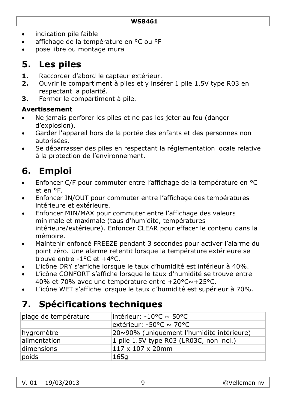 Les piles, Avertissement, Emploi | Spécifications techniques | Velleman WS8461 User Manual | Page 9 / 26