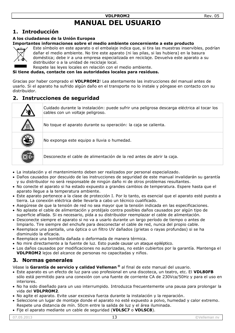 Manual del usuario, Introducción, Instrucciones de seguridad | Normas generales | Velleman VDLPROM2 User Manual | Page 13 / 26