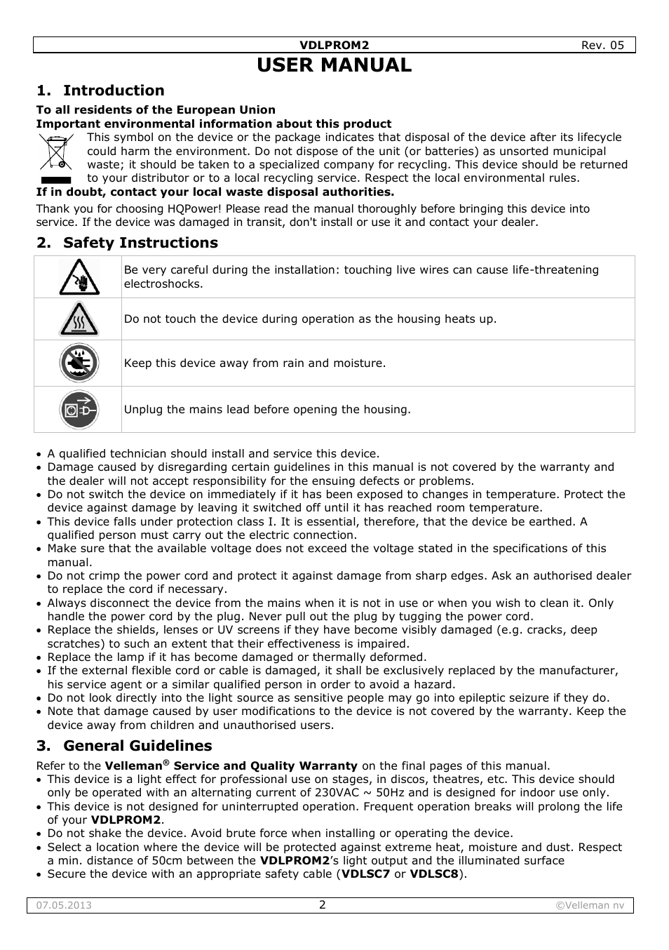 User manual, Introduction, Safety instructions | General guidelines | Velleman VDLPROM2 User Manual | Page 2 / 26