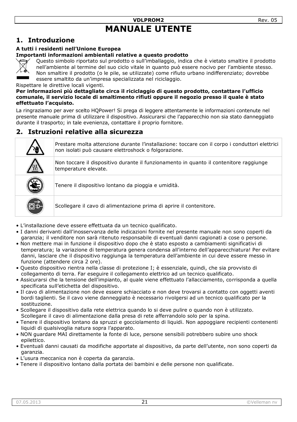 Manuale utente, Introduzione, Istruzioni relative alla sicurezza | Velleman VDLPROM2 User Manual | Page 21 / 26