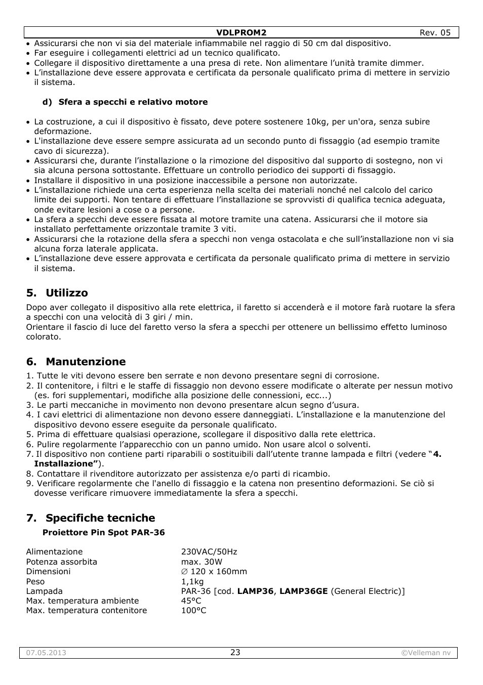 Utilizzo, Manutenzione, Specifiche tecniche | Velleman VDLPROM2 User Manual | Page 23 / 26