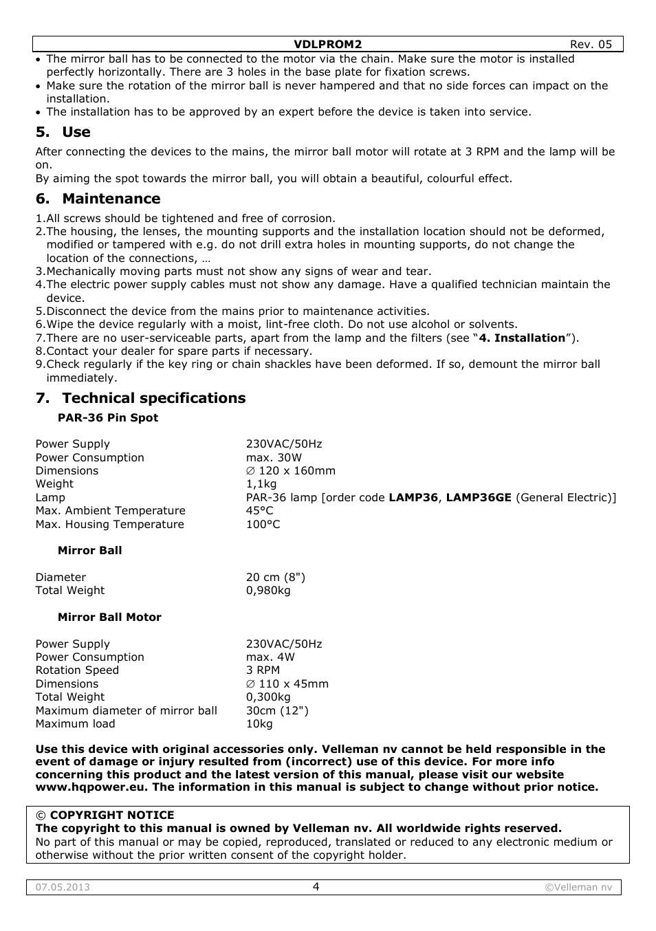 Maintenance, Technical specifications | Velleman VDLPROM2 User Manual | Page 4 / 26