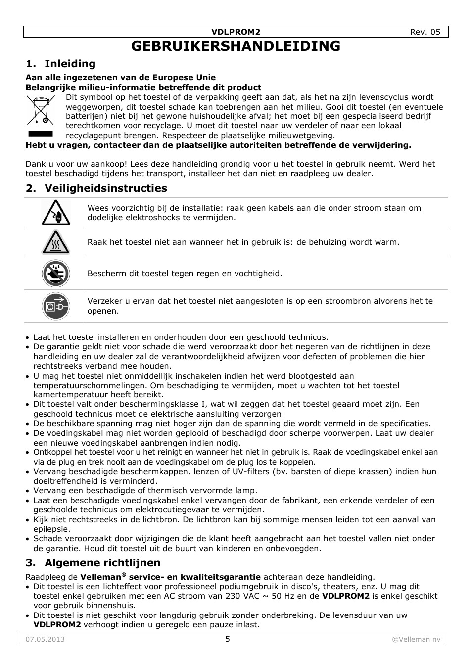 Gebruikershandleiding, Inleiding, Veiligheidsinstructies | Algemene richtlijnen | Velleman VDLPROM2 User Manual | Page 5 / 26