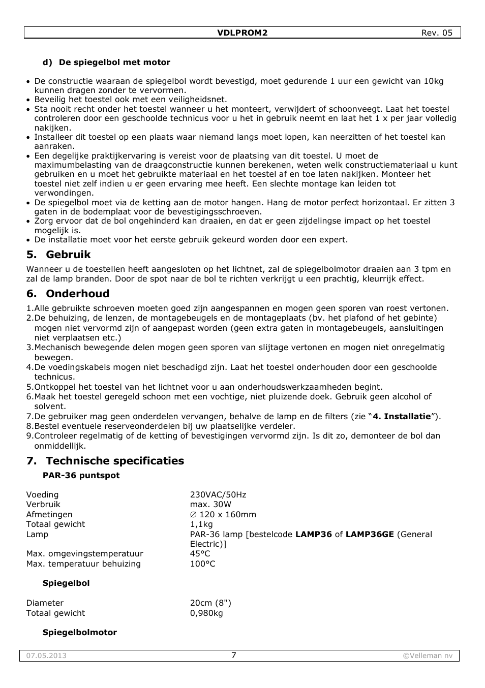 Gebruik, Onderhoud, Technische specificaties | Velleman VDLPROM2 User Manual | Page 7 / 26