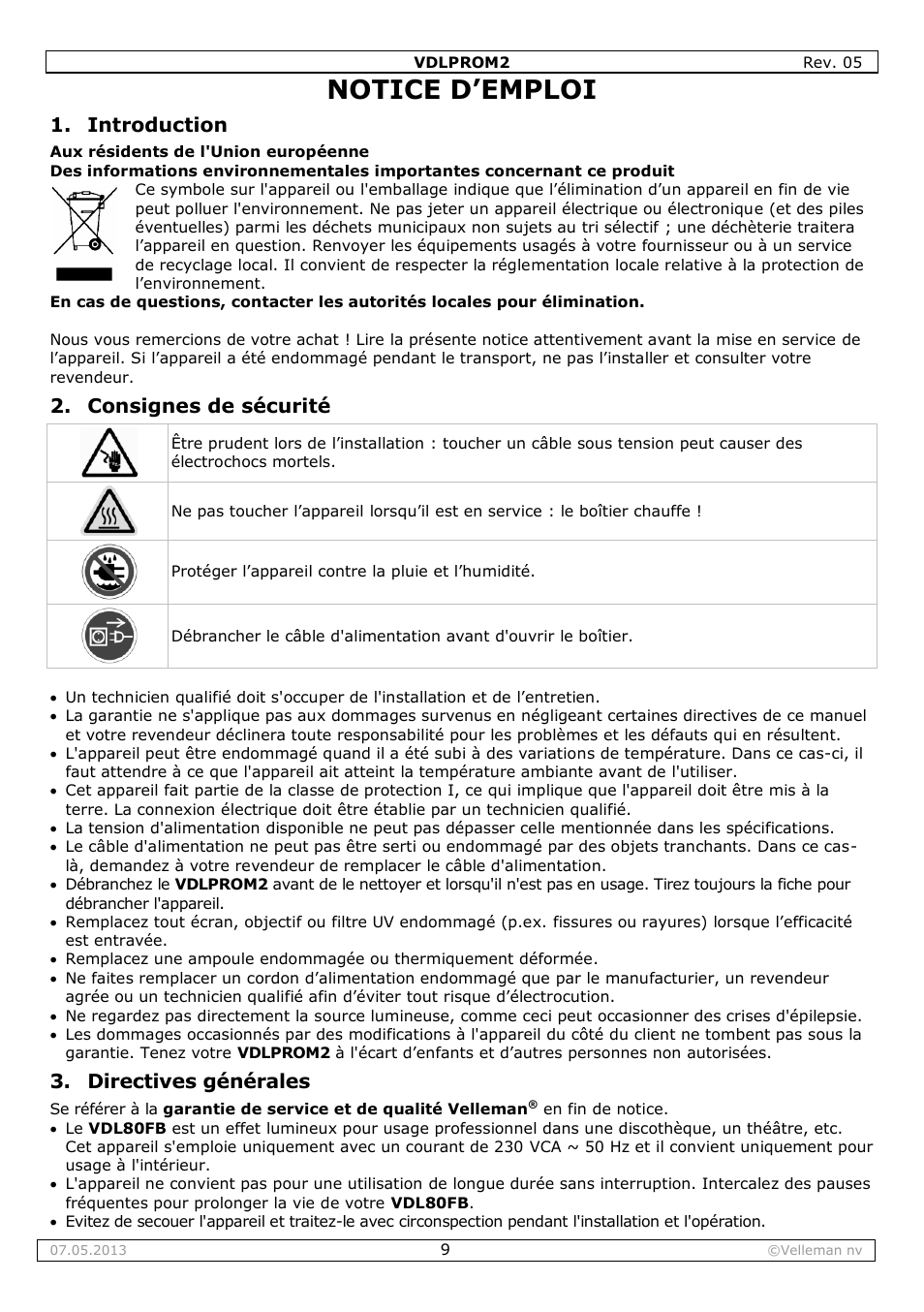 Notice d’emploi, Introduction, Consignes de sécurité | Directives générales | Velleman VDLPROM2 User Manual | Page 9 / 26