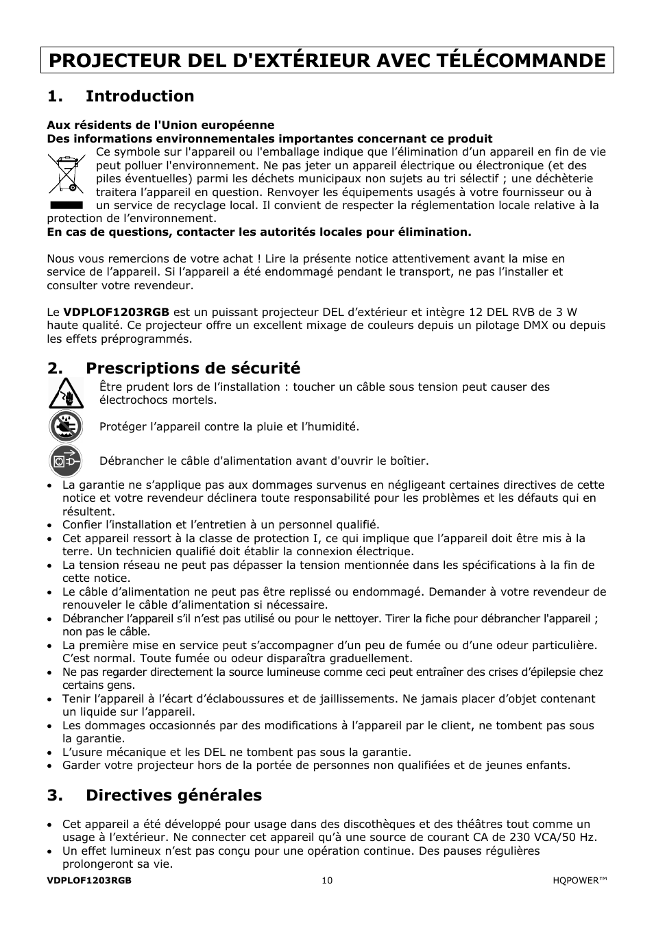 Projec, Cteur, R del d | D'exté, Érieu, Ur ave, Ec tél, Écom, Mand, Intr | Velleman VDPLOF1203RGB User Manual | Page 10 / 23