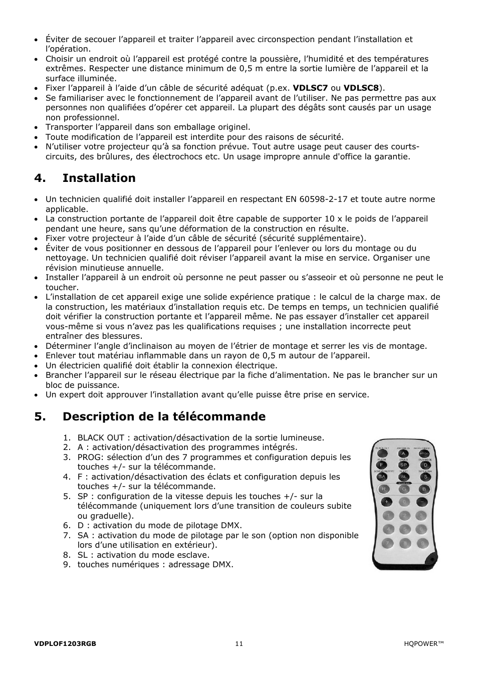 Installation, Description de la télécommande | Velleman VDPLOF1203RGB User Manual | Page 11 / 23