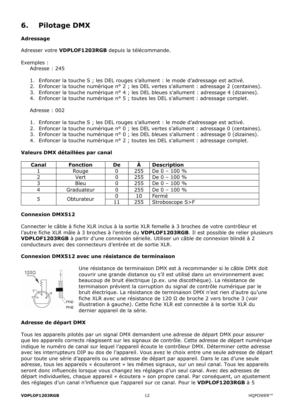 Pilotage dmx | Velleman VDPLOF1203RGB User Manual | Page 12 / 23