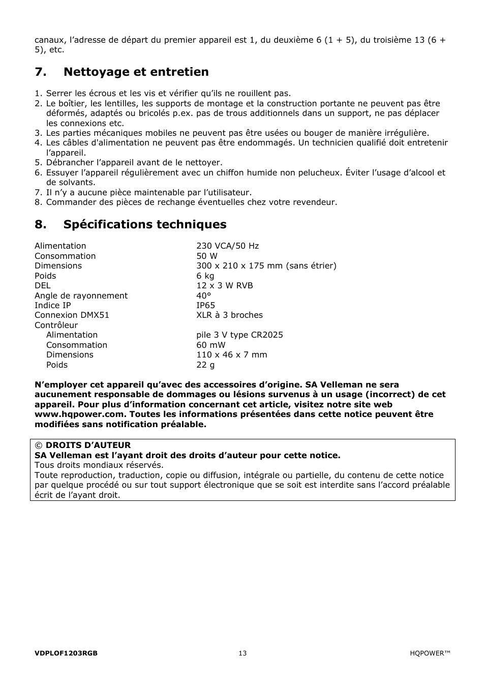 Nettoyage et entretien, Spécifications techniques | Velleman VDPLOF1203RGB User Manual | Page 13 / 23